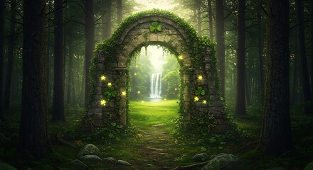 Obraz premium Explore a magical irish forest with stone archway and waterfall background scene