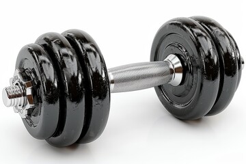 Naklejka premium A Shiny Black Dumbbell Resting on a Clean White Surface Reflecting Light and Showing its Knurled Handle and Plates