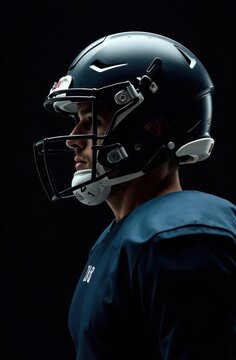American football player wearing helmet and uniform on black background
