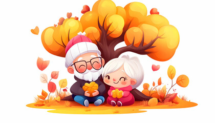Fototapeta premium Elderly couple, autumn leaves, heart-shaped foliage, seated under tree