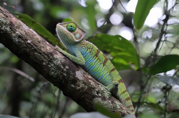 Vibrant Green Chameleon Resting on Branch Surrounded by Lush Jungle Foliage in Natural Habitat with Soft Focus Background and Beautiful Colors
