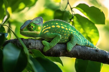 Fototapeta premium Vibrant Green Chameleon Resting on Tree Branch Surrounded by Lush Green Leaves in Tropical Forest Setting