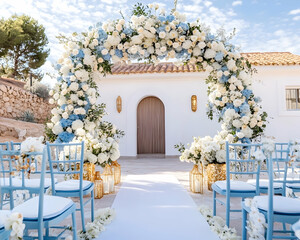 Elegant outdoor wedding ceremony setup with blue and white floral arch, aisle runner, and light blue chairs