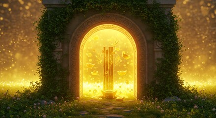 Fototapeta premium Golden portal to wealth abundance and prosperity with bamboo and gold ingots art