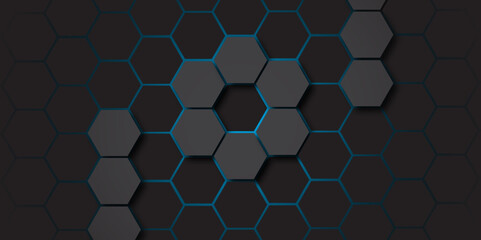 Abstract 3D Hexagonal Grid with Cyberpunk Aesthetic. Hi-Tech Black and Blue Honeycomb Texture. Hexagon. Vector. 