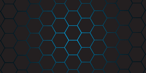 Futuristic Black and Blue Hexagonal 3D Background. Modern Dark Hexagon Tech Pattern with Blue Glow. Hexagon. Vector. 