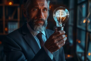 A thoughtful gentleman contemplating an innovative concept encapsulated in a radiant lightbulb, fostering a sense of creative brilliance and insightful contemplation.
