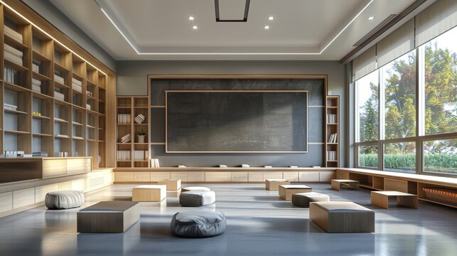 A tranquil learning space with natural light filtering through expansive windows, wooden bookshelves, and comfortable seating arrangements for collaborative study