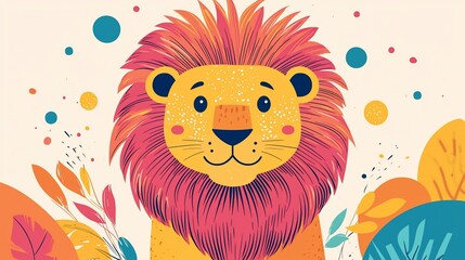Fototapeta premium Cute Lion Illustration in Floral Background