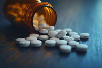 Tipped over amber prescription bottle with white pills scattered on a dark surface, emphasizing drug safety, healthcare visuals, and proper medication practices