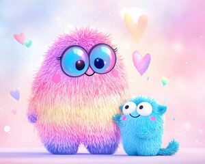 Obraz premium Fluffy pastel creatures, hearts, friendship
