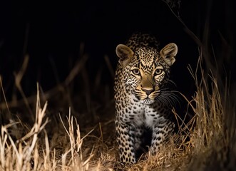 Fototapeta premium Wild leopard prowling through tall grass at night with striking eyes and beautiful spotted fur, showcasing the elegance of a big cat in its natural habitat