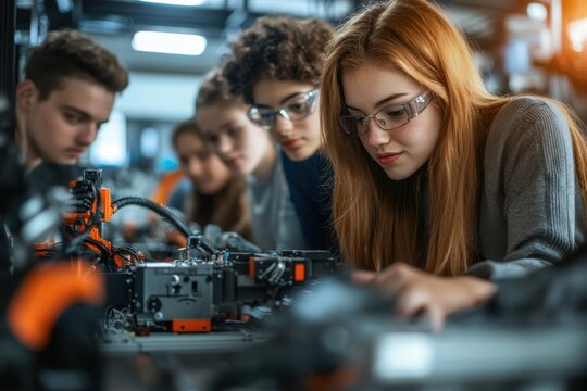 Young engineers working on robotics project teamwork technology