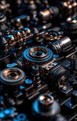 A 3D rendering of a complex mechanical system with numerous gears and metallic components. 