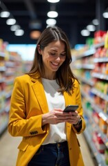 Smiling woman using smartphone in supermarket while shopping groceries