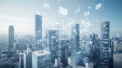 Futuristic Cityscape with Digital Overlay Representation of Urban Development Concepts