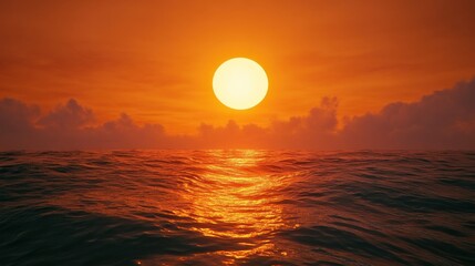 A Beautiful Sunset Illuminates Over Calm Ocean Waters With Clouds