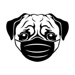 Pug dog with face mask svg cut file. Isolated vector illustration.