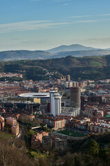 Fototapeta premium Vertical view of the skyscrapers and san mames football club of Bilbao
