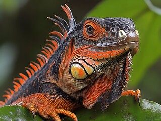Obraz premium A vibrant red and black iguana rests peacefully outdoors