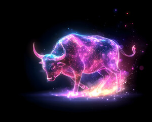 Glowing neon bull, vibrant energy, cosmic particles