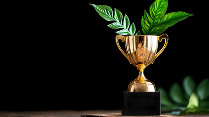 Gold trophy with lush green leaves on dark background