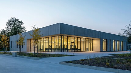 Fototapeta premium Modern concrete hall with glowing windows, embodying simplicity and clean minimalism in architectural design. 