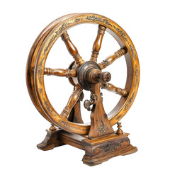 Obraz premium An antique spinning wheel with an elegant wooden frame and aged patina isolated on a white background.
