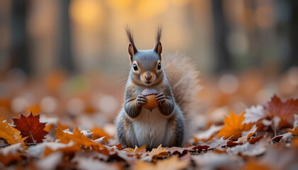Fototapeta premium Cute squirrel holding an acorn, sitting among colorful fallen leaves in an autumn forest, captured with shallow depth of field in a wildlife photography style.