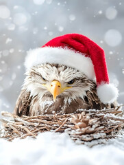 Grumpy eagle chick in Santa hat nestled in snowy nest