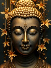 Golden Buddha Statue with Floral Embellishments, 3D Artwork, Serene Spiritual Vibes, Intricate Design and Soft Lighting