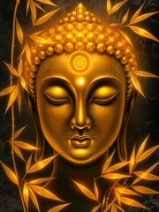 Golden Buddha Head with Bamboo Leaves in Soft Light, Zen Style, Peaceful and Spiritual Atmosphere