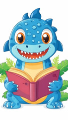 Happy blue dinosaur reading a book