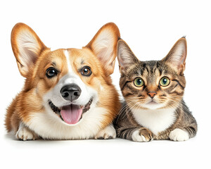 Happy dog and cat posing together on white background