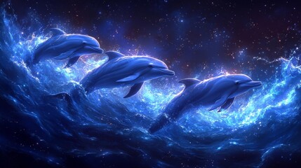 Obraz premium A pod of dolphins swimming in a beautiful deep blue ocean under a starry sky. Generative AI