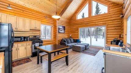 Bright Cozy Log Cabin Interior with Snowy Winter View
