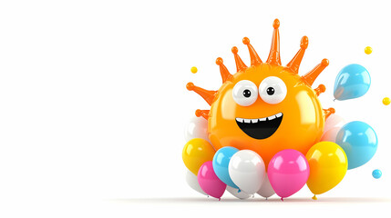 Happy sun character surrounded by colorful balloons