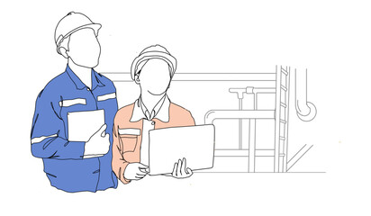 Line Art Drawing of a Construction Architect Working at a Site	
