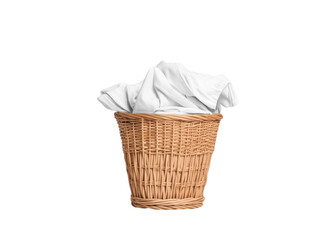 Laundry basket full of white clothes on a transparent background. Concept of laundry, cleaning, and household chores.