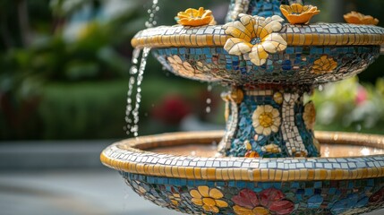Obraz premium Colorful Mosaic Fountain with Flowing Water in a Serene Garden
