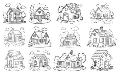 Fototapeta premium Cozy house line drawing collection featuring charming cottage and home illustrations for coloring books, children's stories, and architectural doodles