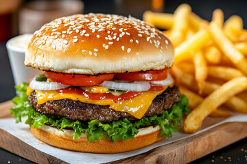 Juicy cheeseburger with fries on wooden board
