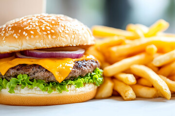 Juicy cheeseburger with lettuce, onion, and melted cheese served with a side of golden french fries