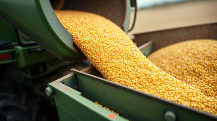 Grain auger of combine pouring corn grain into tractor trailer after harvest at field. Tractor work on corn harvest season. Farm equipment and farming machine.Agriculture concept.