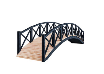 Wooden bridge with black railings isolated on transparent background. Architecture and design concept.
