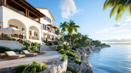 Fototapeta premium Luxurious beachfront villa with ocean views, lush tropical landscaping, and private patio