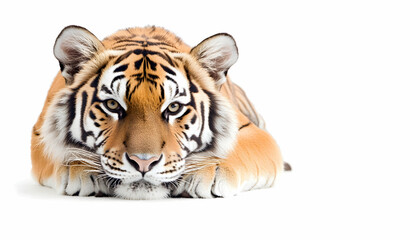 Obraz premium Majestic tiger lying down, intense gaze, isolated on white