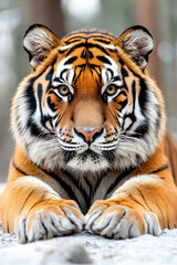 Fototapeta premium Majestic tiger portrait, intense gaze, orange fur, white paws, winter setting