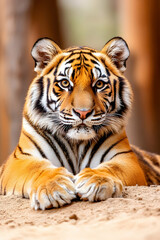 Obraz premium Majestic tiger portrait, intense gaze, resting paws