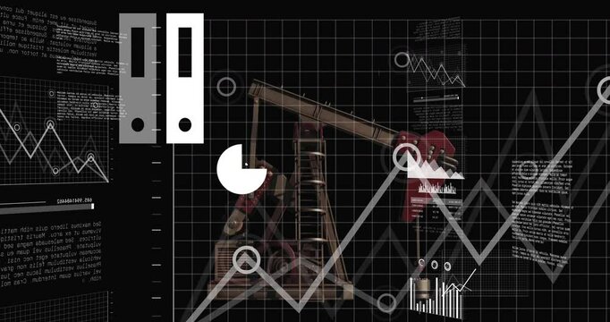 Animation of oil pumpjack with data charts in black background for school use